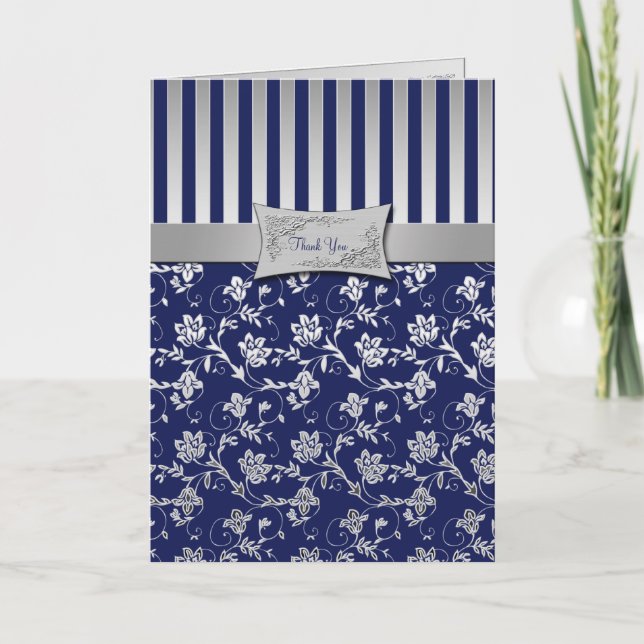 Navy and Silver Floral Vine Thank You Card (Front)