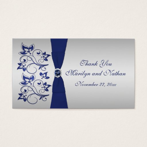Customizable Navy and Silver Floral Wedding Favor Tag Business Cards