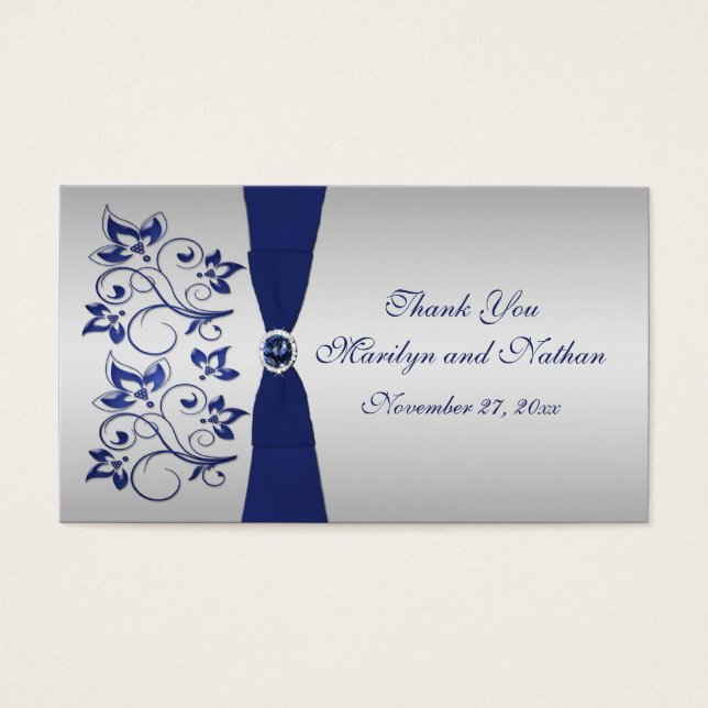 Navy and Silver Floral Wedding Favor Tag (Front)