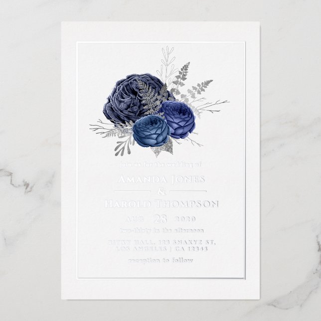 Navy and Silver Floral Wedding Foil Invitation (Front)