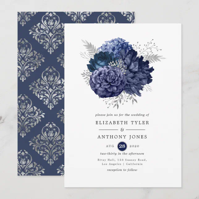 Navy and Silver Floral Wedding Invitation | Zazzle
