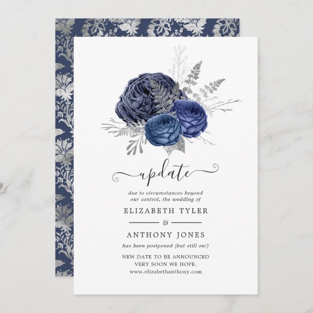 Navy and Silver Floral Wedding Update Invitation (Front/Back)