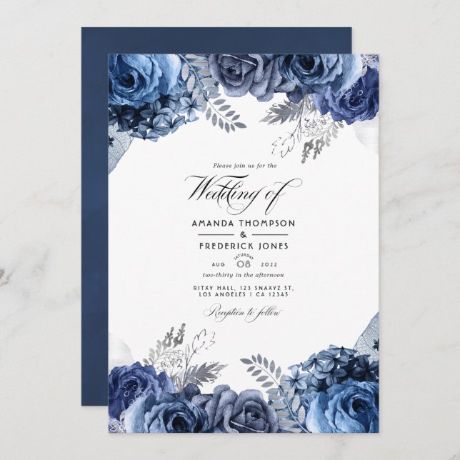Navy and Silver Foil Floral Wedding Photo Invitation (Front/Back)