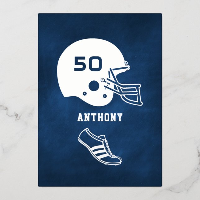 Navy and Silver Football Birthday Chalkboard Foil Invitation (Front)