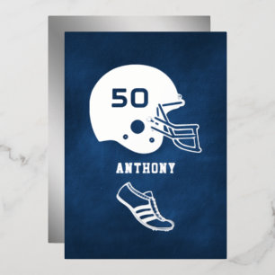 Navy and Silver Football Birthday Chalkboard Foil Invitation