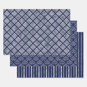 Navy and Silver Geometric Patterns Elegant Wrapping Paper Sheets