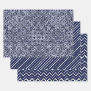 Navy and Silver Geometric Patterns Elegant Wrapping Paper Sheets