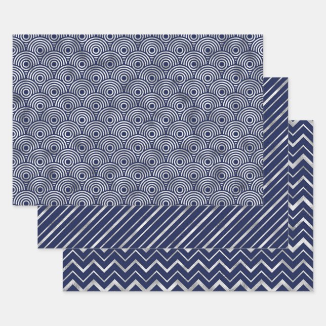 Navy and Silver Geometric Patterns Elegant Wrapping Paper Sheets (Set)
