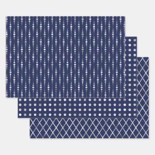 Navy and Silver Geometric Patterns Elegant Wrapping Paper Sheets