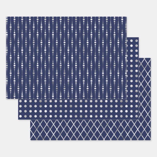 Navy and Silver Geometric Patterns Elegant Wrapping Paper Sheets (Set)