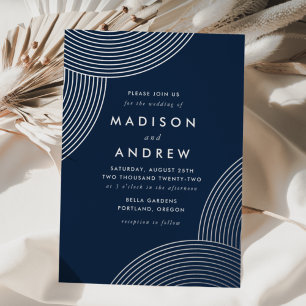 Navy and Silver Geometric Swirls Wedding Foil Invitation
