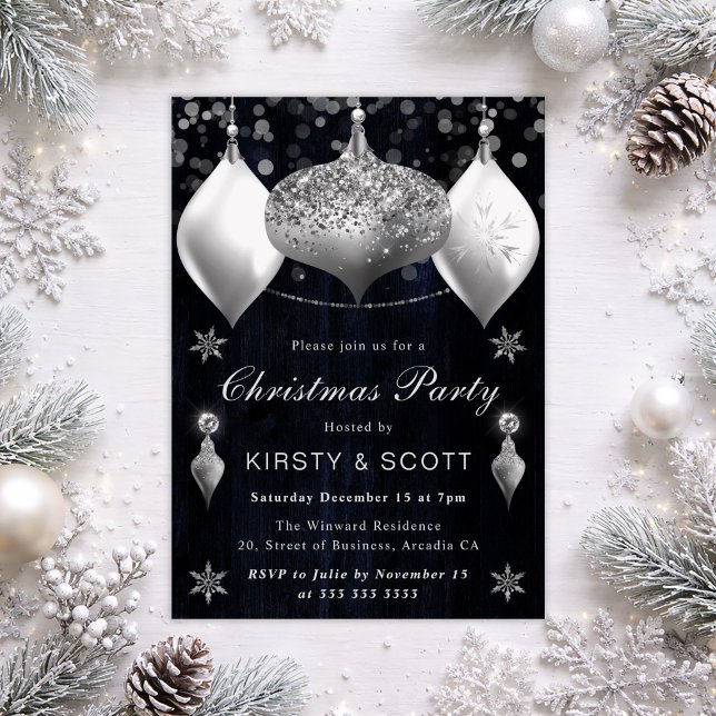 Navy and Silver Glitter Baubles Christmas Party Invitation (Creator Uploaded)