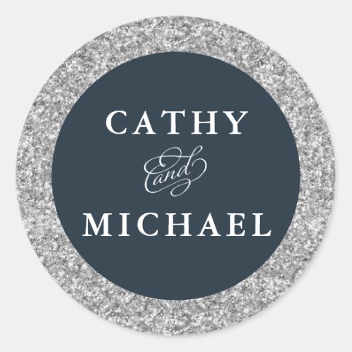 Navy and Silver Glitter Favor Round Sticker