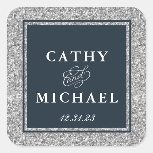 Navy and Silver Glitter Favor Square Sticker