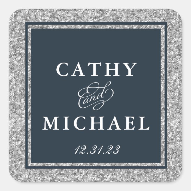 Navy and Silver Glitter Favor Square Sticker (Front)