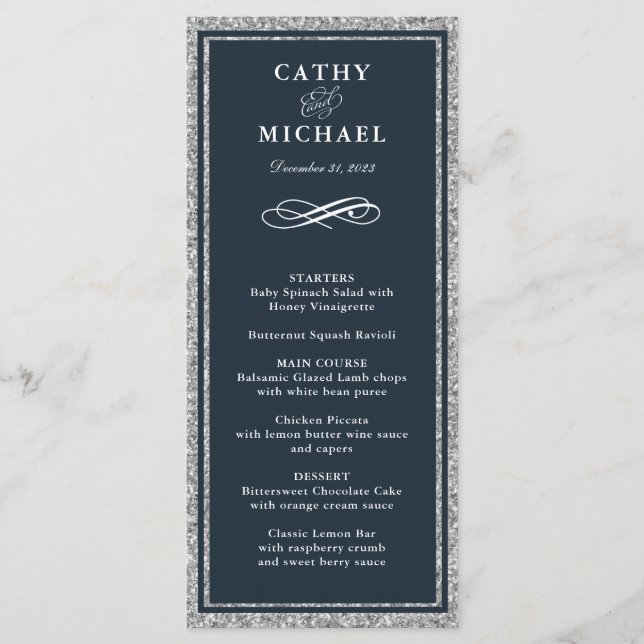 Navy and Silver Glitter Personalized Menu Card (Front)