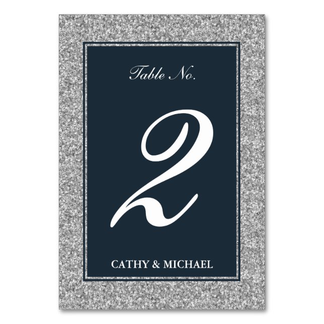 Navy and Silver Glitter Personalized Table Number (Front)