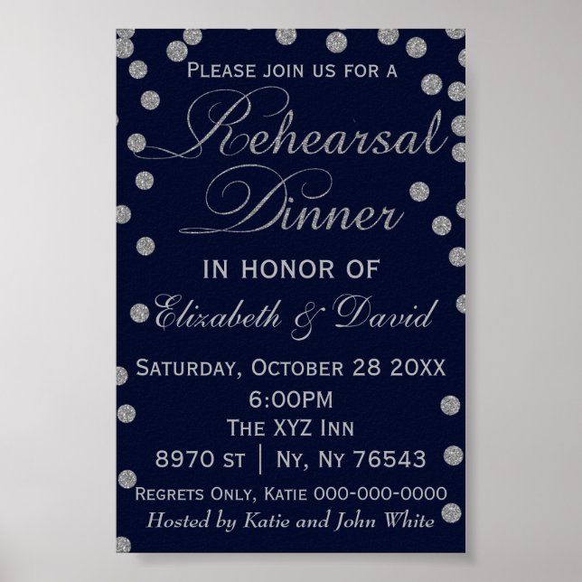 Navy and Silver Glitter Rehearsal Dinner Sign (Front)