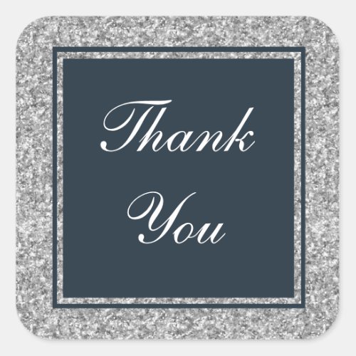 Navy and Silver Glitter Thank You Favor Square Sticker