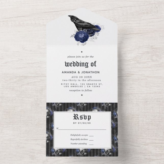 Navy and Silver Gothic Floral Wedding All In One Invitation (Inside)