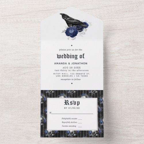 Navy and Silver Gothic Floral Wedding All In One Invitation