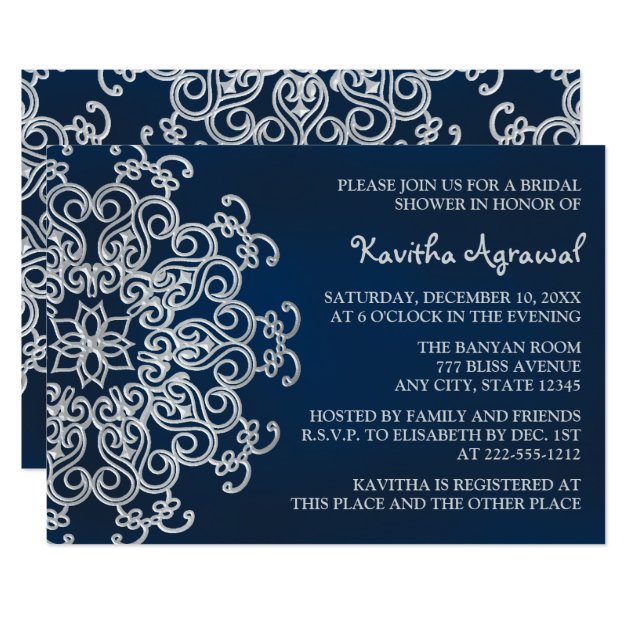 Navy And Silver Indian Inspired Bridal Shower Invitation