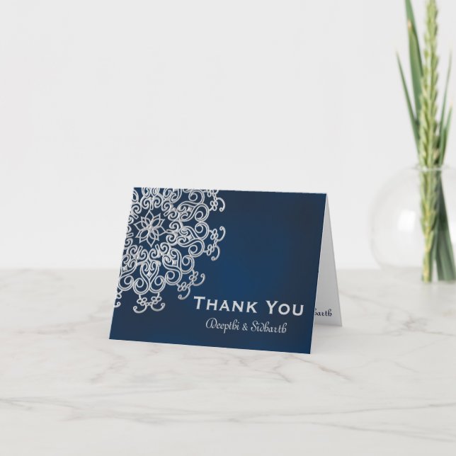 NAVY AND SILVER INDIAN STYLE WEDDING THANK YOU CARD (Front)
