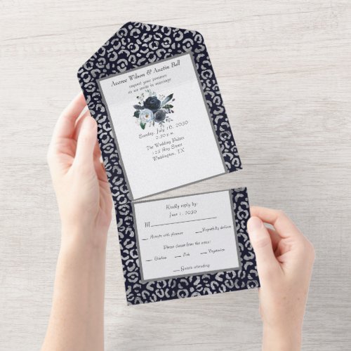 Navy and Silver Leopard Print Watercolor Flower  All In One Invitation