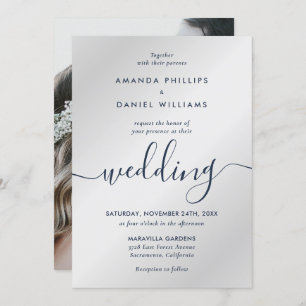 Navy and Silver Modern Script Photo Wedding Invitation