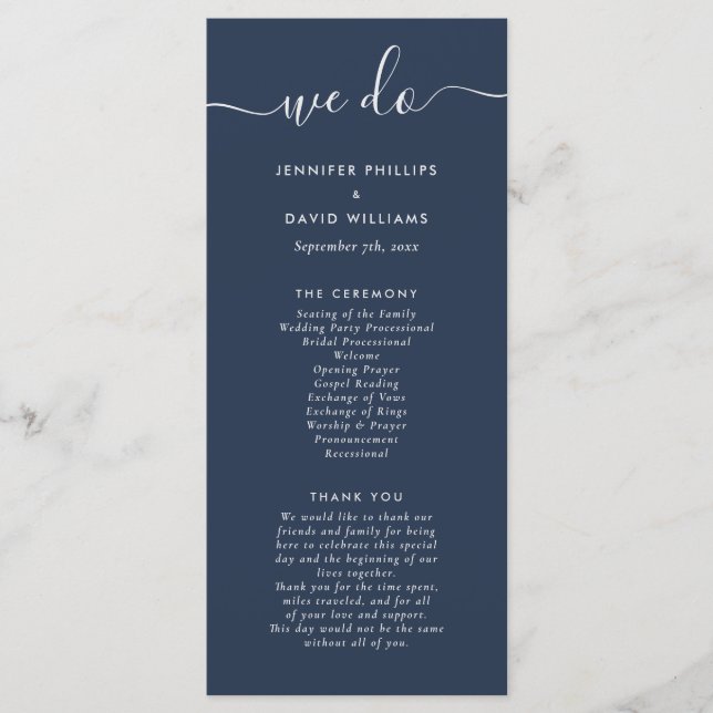 Navy and Silver Modern Script Wedding Program (Front)