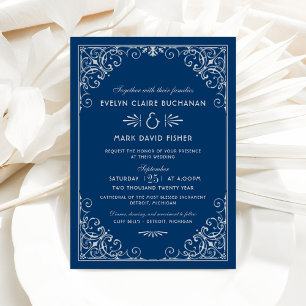 Navy and Silver Ornate Scroll Wedding Invitation