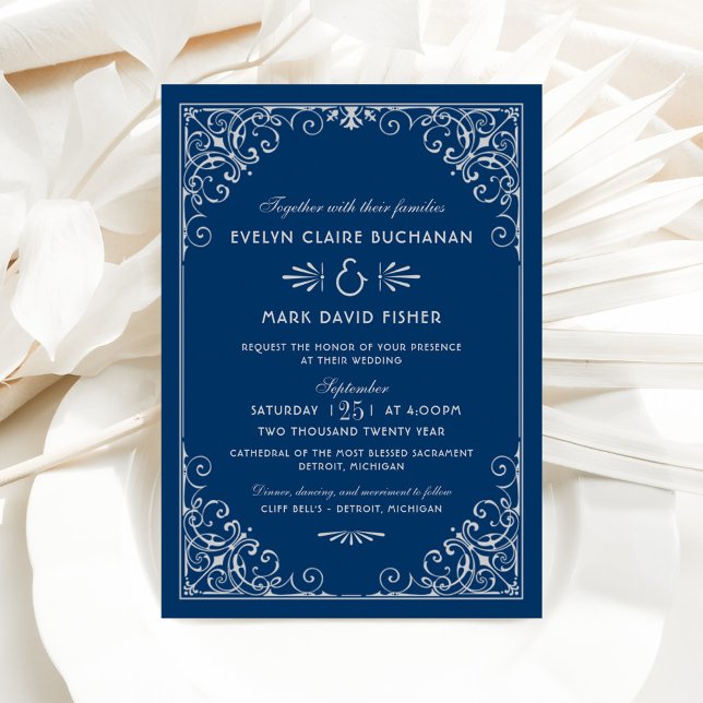 Navy and Silver Ornate Scroll Wedding Invitation (Creator Uploaded)