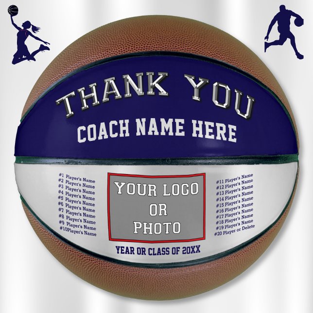 Navy and Silver, Personalized Basketball for Coach (Great gifts for basketball coaches. Basketball coach appreciation gifts. Customizable basketballs.)