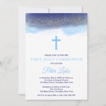 Navy And Silver Sparkle First Holy Communion Invitation by PurplePaperInvites at Zazzle