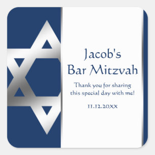Navy and Silver Star of David Bar Mitzvah Favor Square Sticker
