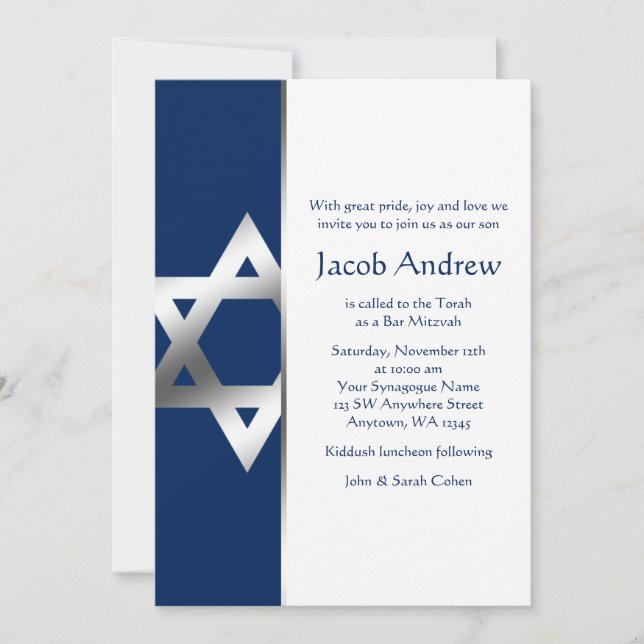 Navy and Silver Star of David Bar Mitzvah Invites (Front)