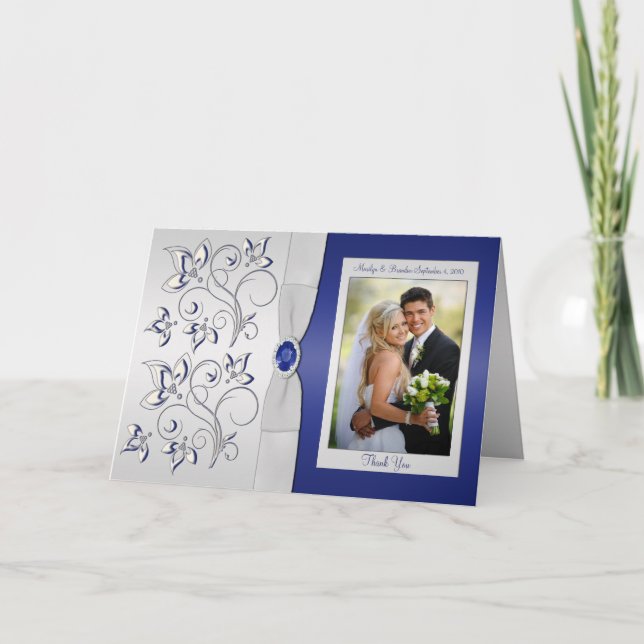 Navy and Silver Thank You Card with Photo Insert (Front)