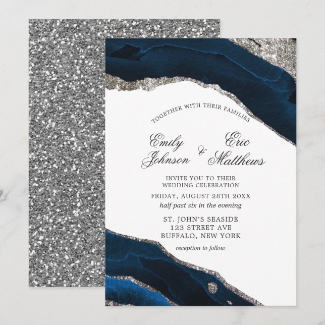 Navy and Silver Watercolor Agate Wedding Invitation (Front/Back)