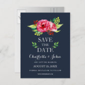 navy and silver watercolor flowers wedding announcement postcard (Front/Back)