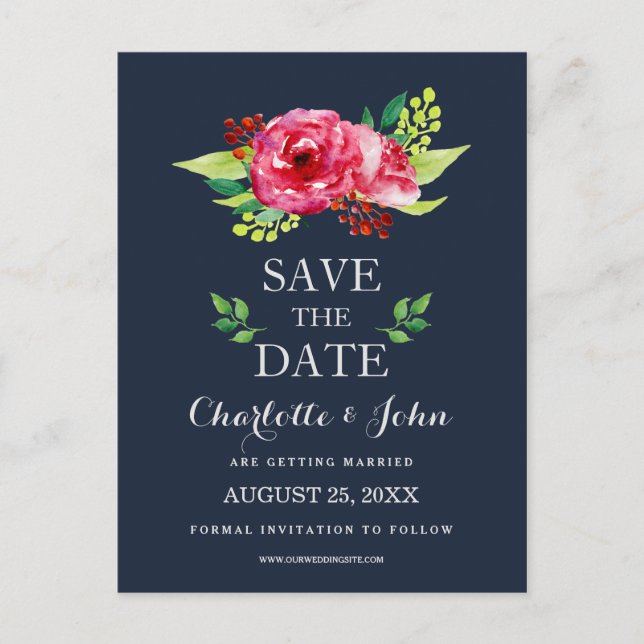navy and silver watercolor flowers wedding announcement postcard (Front)