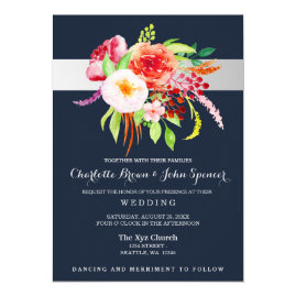 Navy Silver Floral Wedding Invitations 