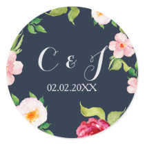 navy and silver watercolor flowers wedding classic round sticker
