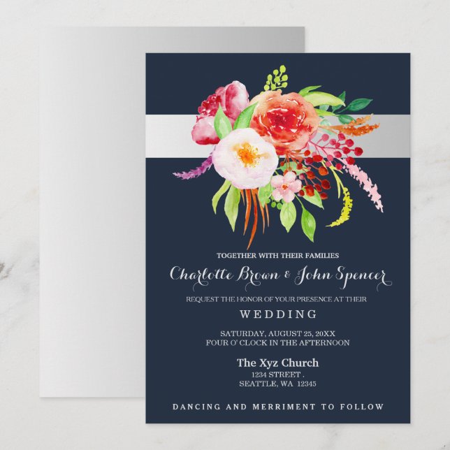 navy and silver watercolor flowers wedding invitation (Front/Back)