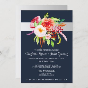 navy and silver watercolor flowers wedding invitation