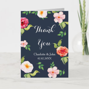 navy and silver watercolor flowers wedding letterpress thank you card