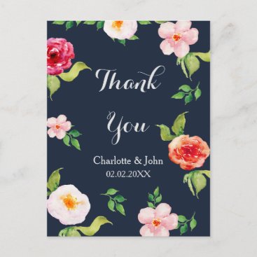 navy and silver watercolor flowers wedding postcard