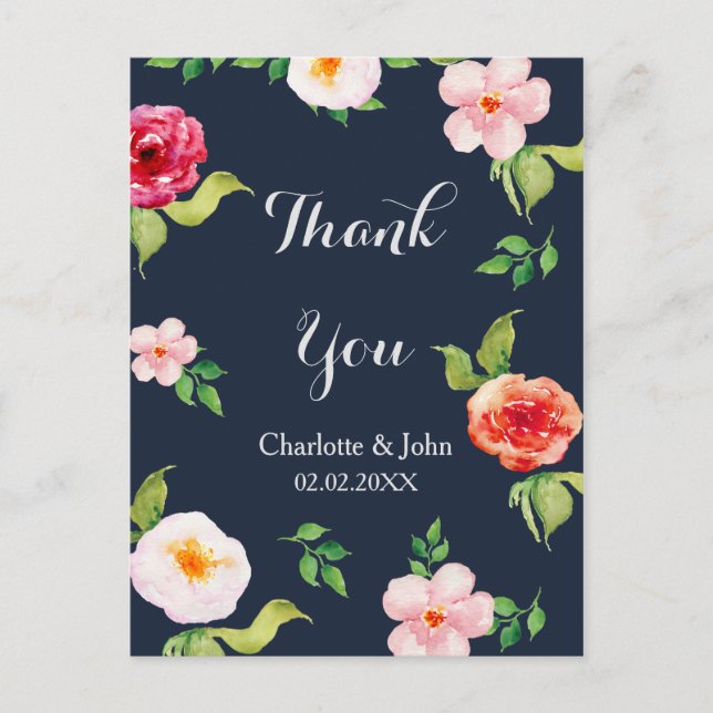 navy and silver watercolor flowers wedding postcard (Front)