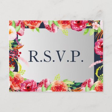 navy and silver watercolor flowers wedding postcard