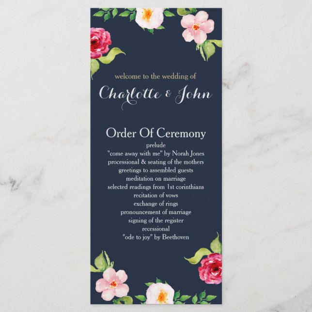 navy and silver watercolor flowers wedding program (Front)