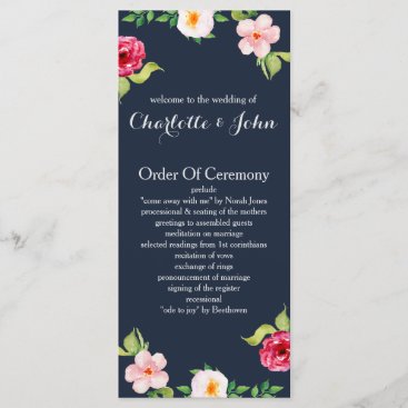 navy and silver watercolor flowers wedding program